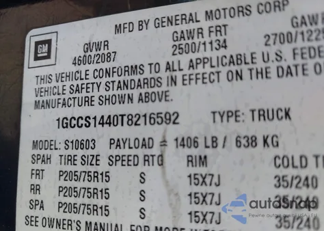 1996 Chevrolet S Truck S10 из США, поврежденный, VIN 1GCCS1440T8216592